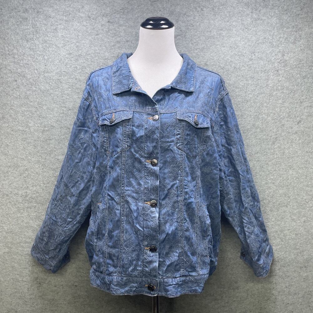 Johnny Was Qiva Denim Jacket XL Light Wash Embroidered Geometric Pattern Lyocell